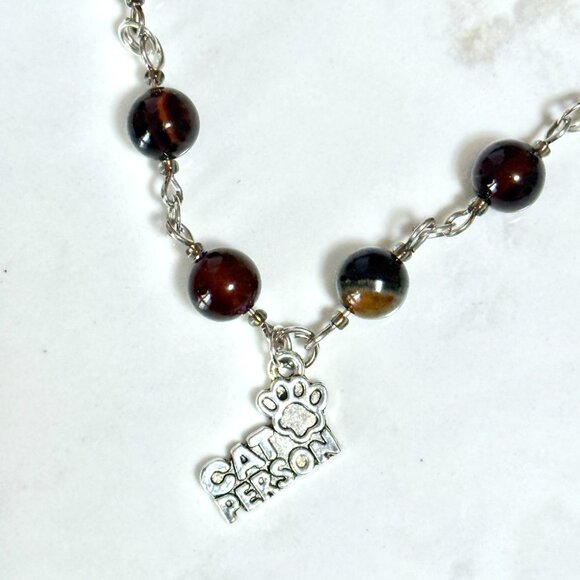 Genuine Dark Brown Agate Necklace, Natural Gemstone & Cat Person Paw Print Charm - Picture 3 of 14